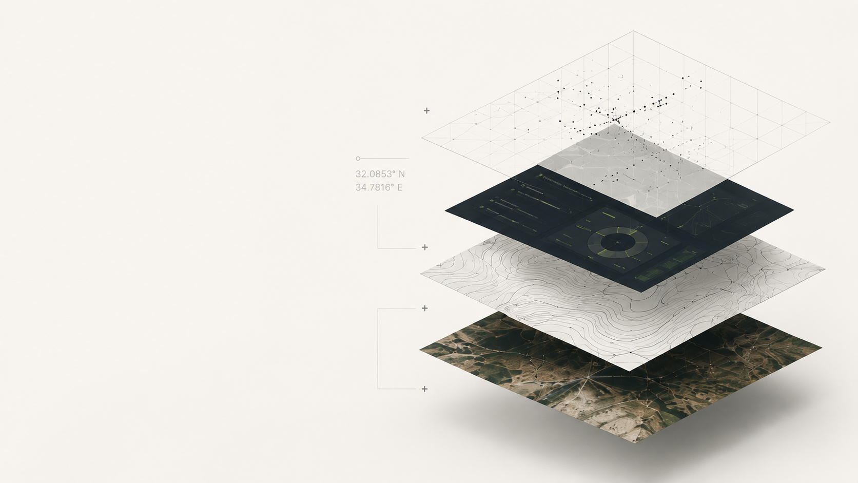 Isometric visualization of stacked geographic data layers, from raw satellite terrain to analyzed dashboard panels